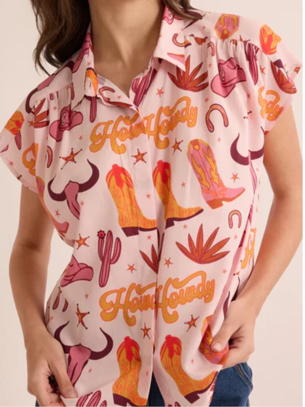 NWT Howdy Pink Western-Print Short Sleeve Button Front Blouse XL